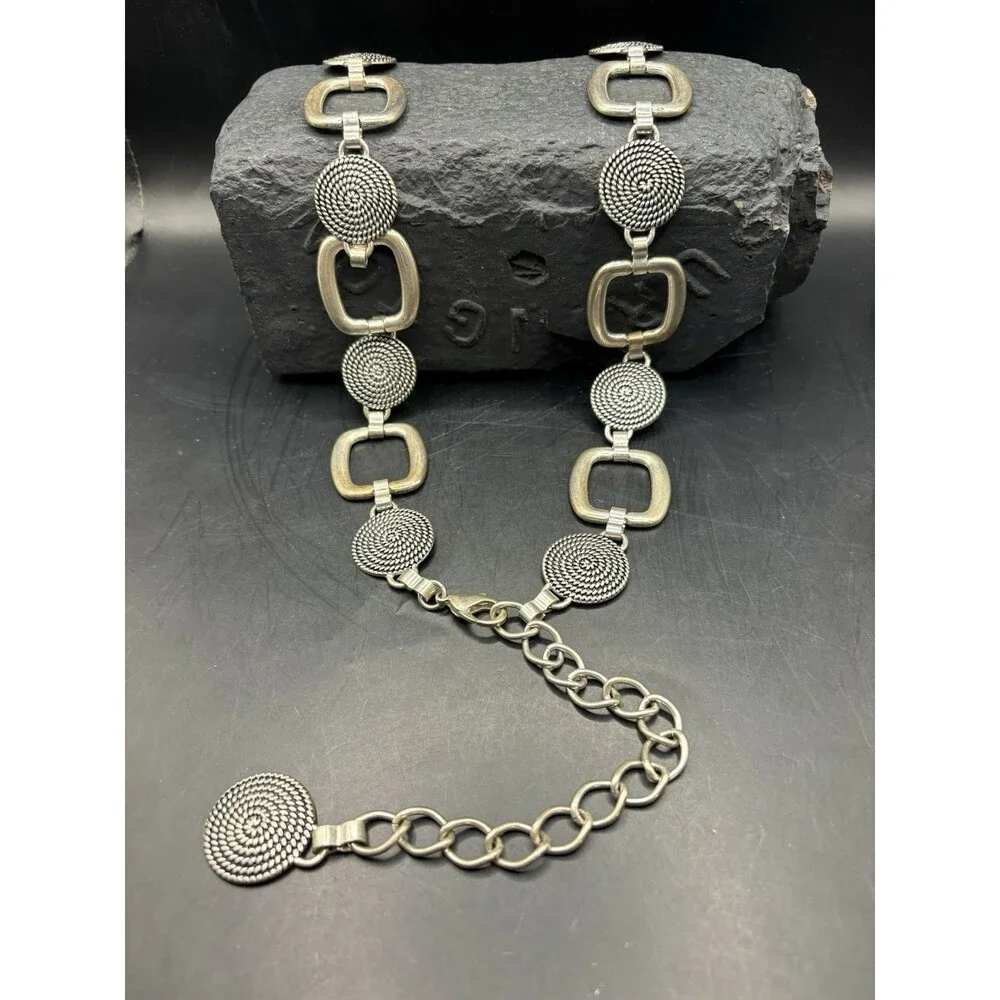 Vintage Silver Tone Open Square & Round Textured Links Metal Chain Belt 44”
